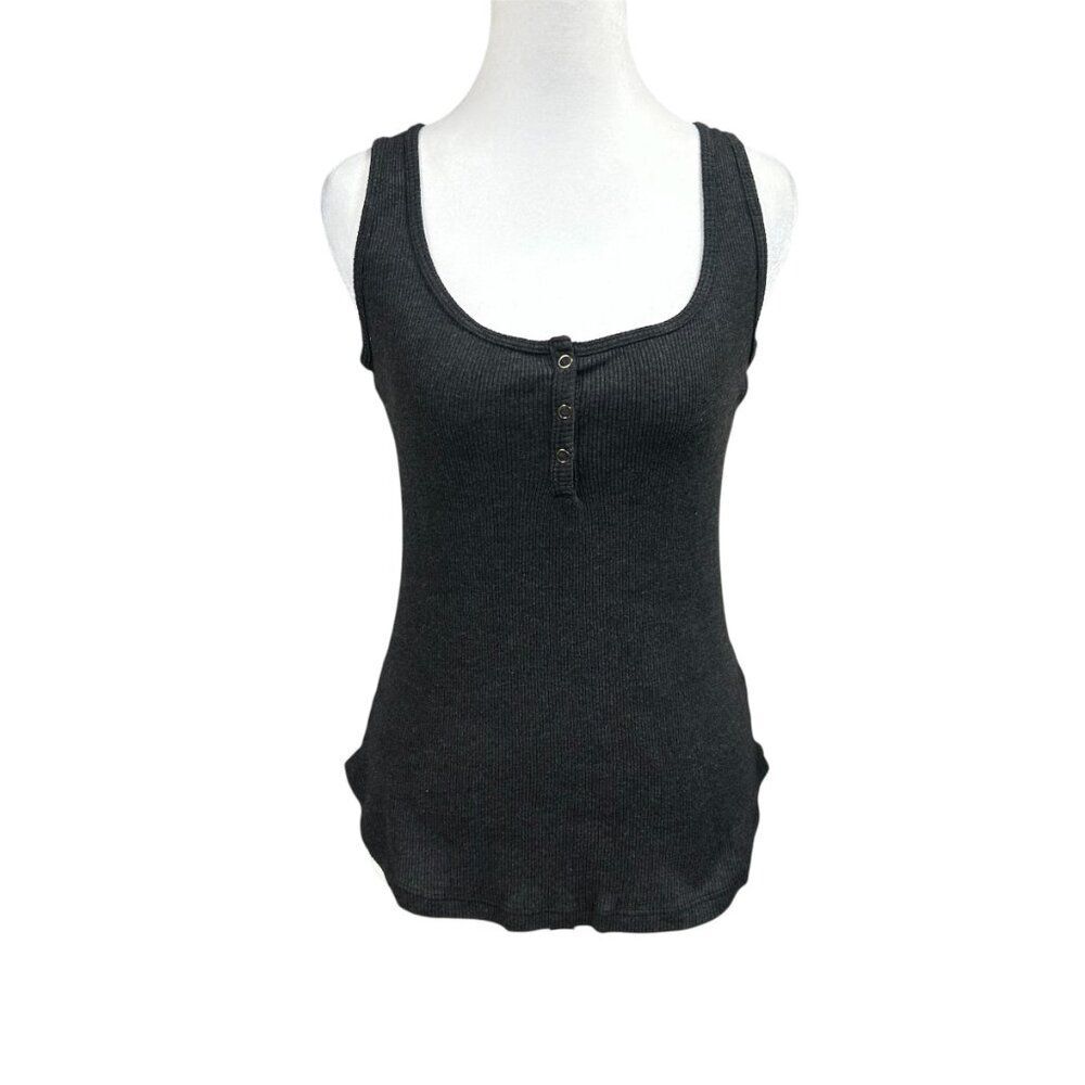 T.La Ribbed Scoop Neck Tank Top Snap Button Henley Sz S Gray Y2K